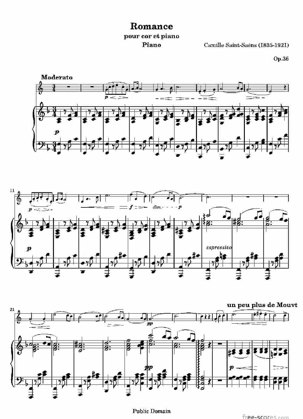 圣桑-浪漫曲（圆号+钢琴） 铜管乐器谱_第1张