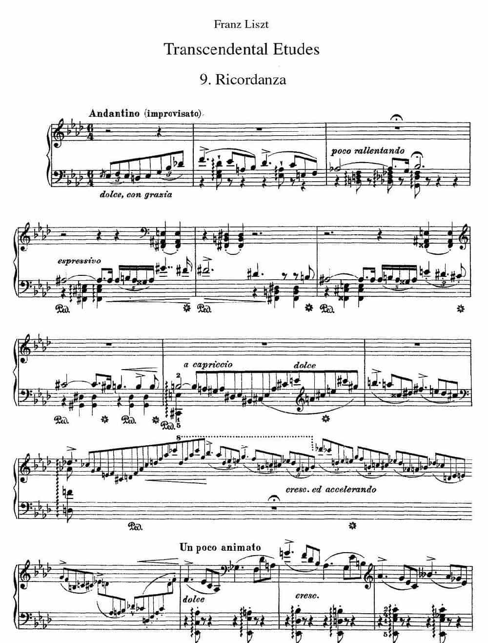 12首超级技巧练习曲：Ricordanza（回忆） 钢琴乐谱_第1张