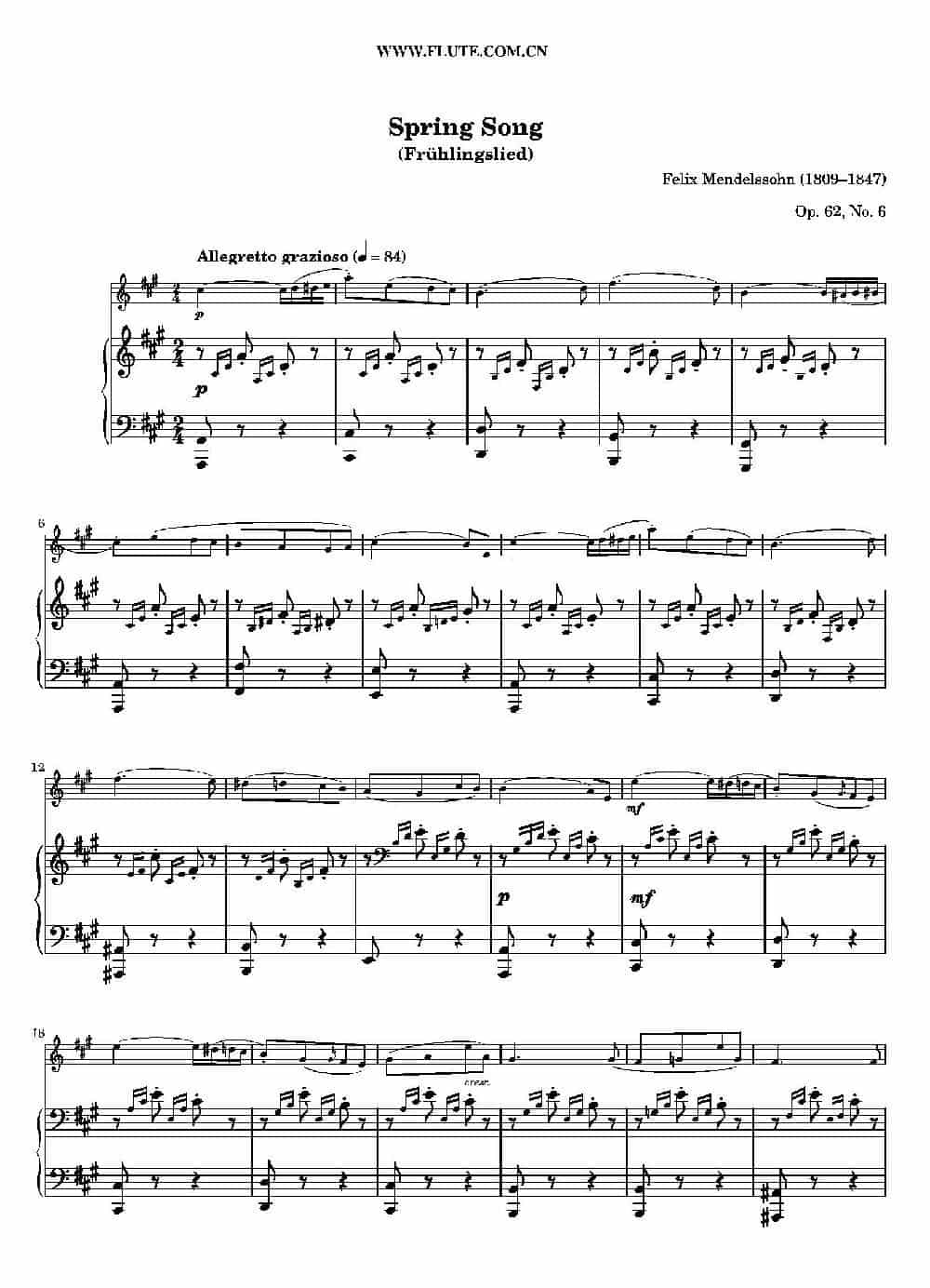 春之歌（Spring Song）作品62 （长笛+钢琴） 长笛乐谱_第2张