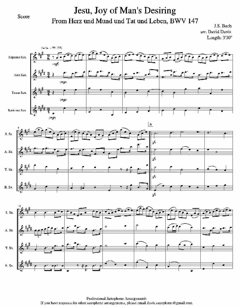 Jesu,Joy of Man's Desiring （四重奏） 萨克斯乐谱_第1张