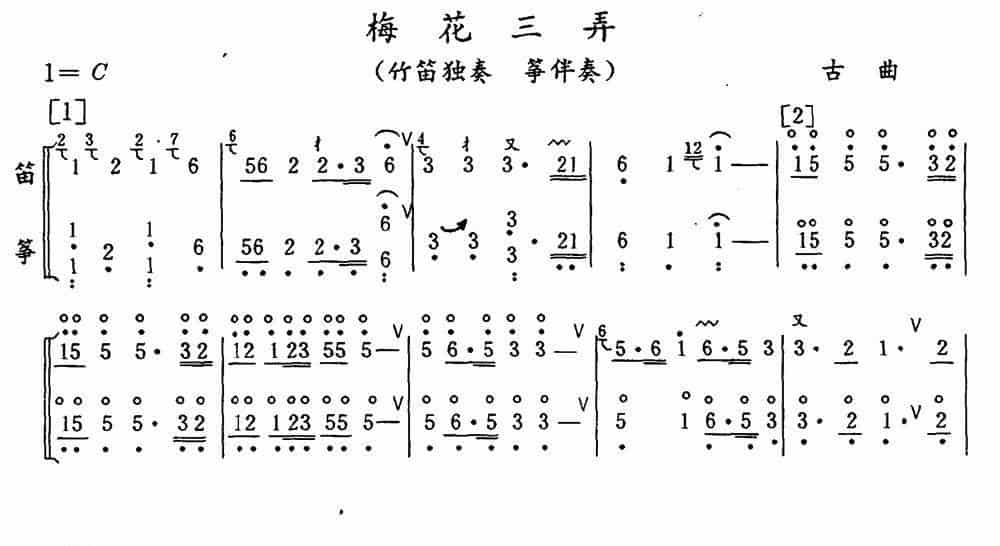 梅花三弄（竹笛独奏+筝伴奏） 笛箫乐谱_第1张