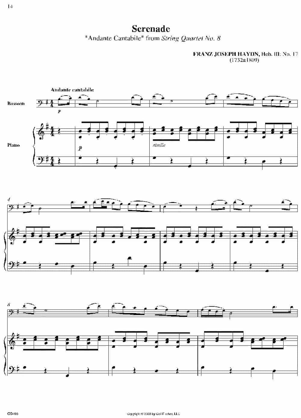 Serenade “Andante Cantabile”from String Quartet No. 8（巴松+钢琴伴奏） 铜管乐器谱_第1张