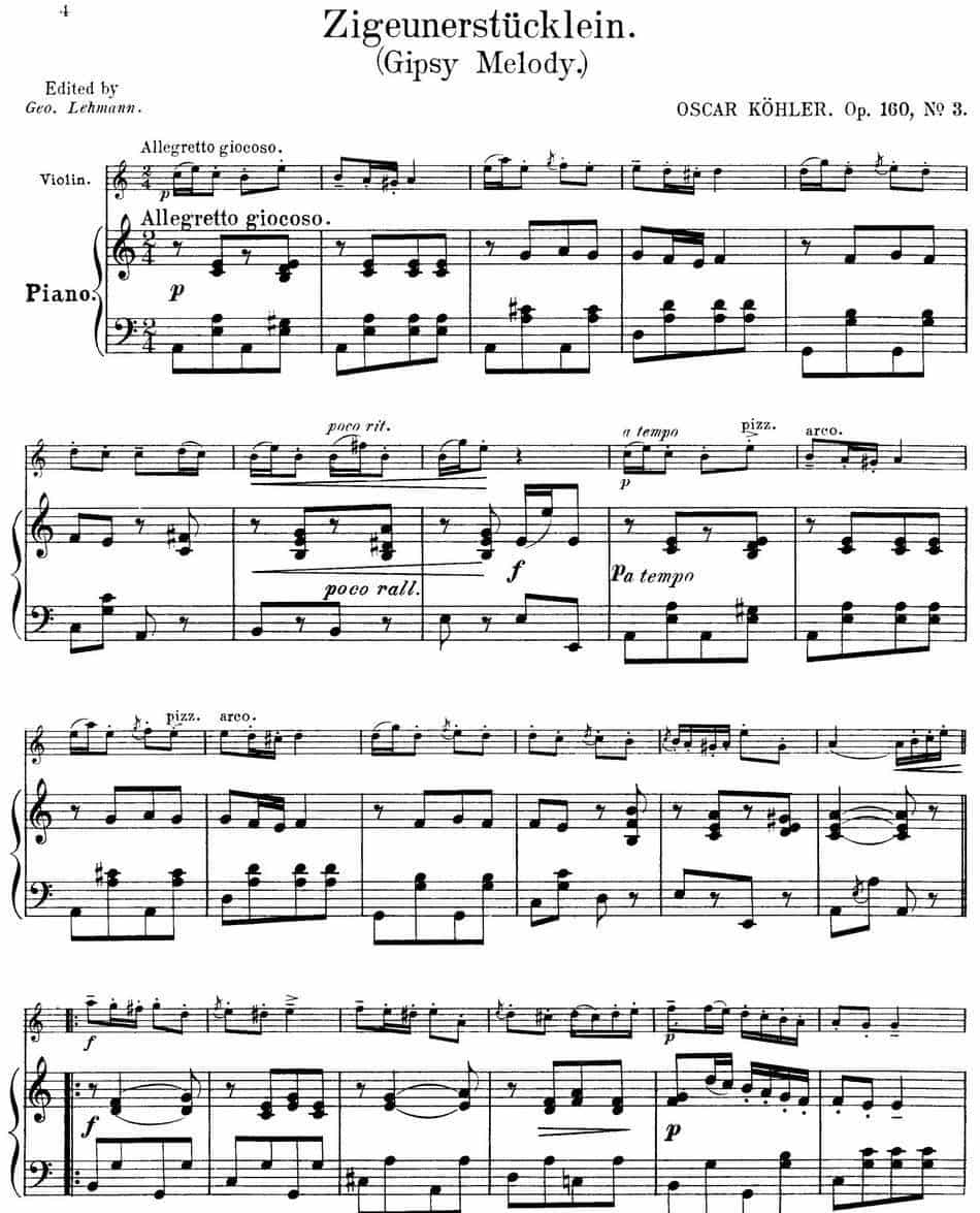 25首小提琴曲合集：Zigeunerstucklein.（Gipsy Melody.）（OSCAR KOHLER. Op.160No.3）（小提琴+钢琴伴奏） 提琴乐谱_第1张