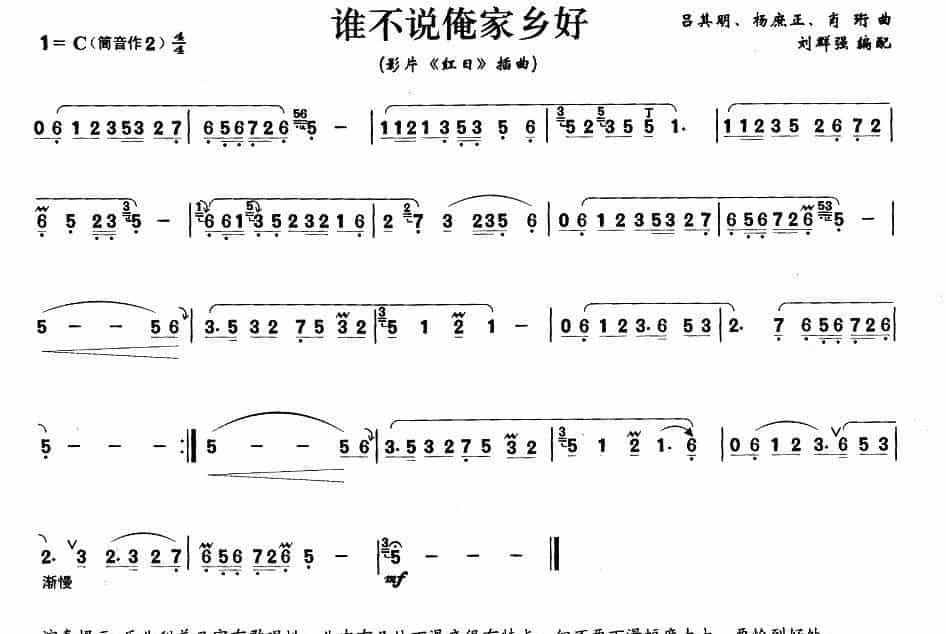 谁不说俺家乡好 笛箫乐谱_第1张