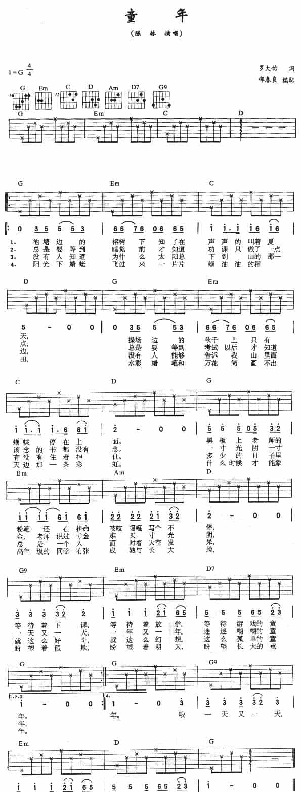 童年（邵春良编配版） 吉他乐谱_第1张