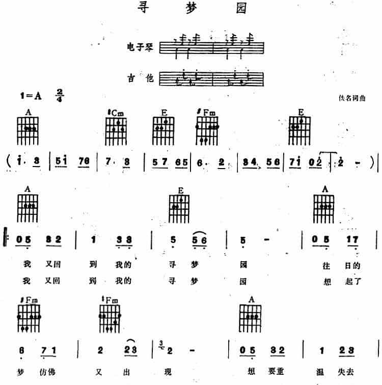 寻梦园（电子琴吉他弹唱） 电子琴乐谱_第1张