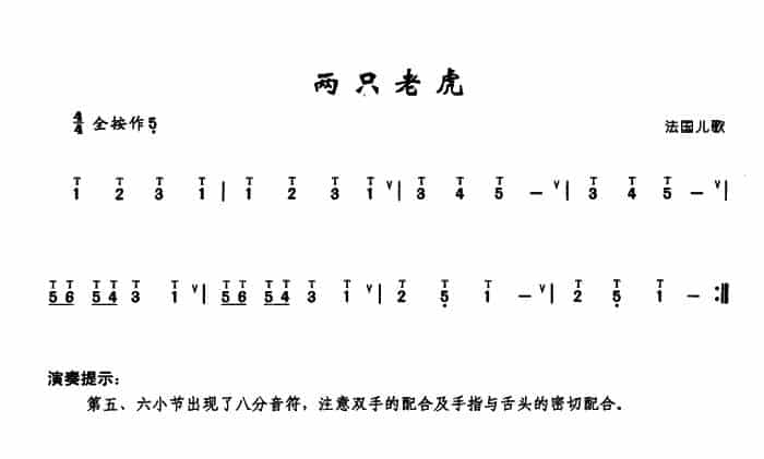 两只老虎 葫芦丝乐谱_第1张