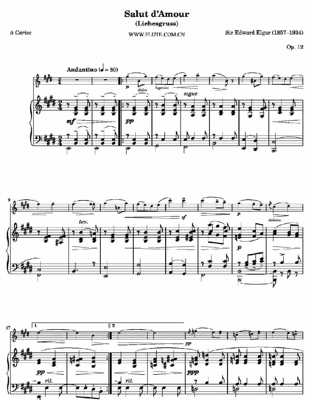 Salut d'Amour Op.12（爱的致意）（长笛+钢琴伴奏） 长笛乐谱_第1张